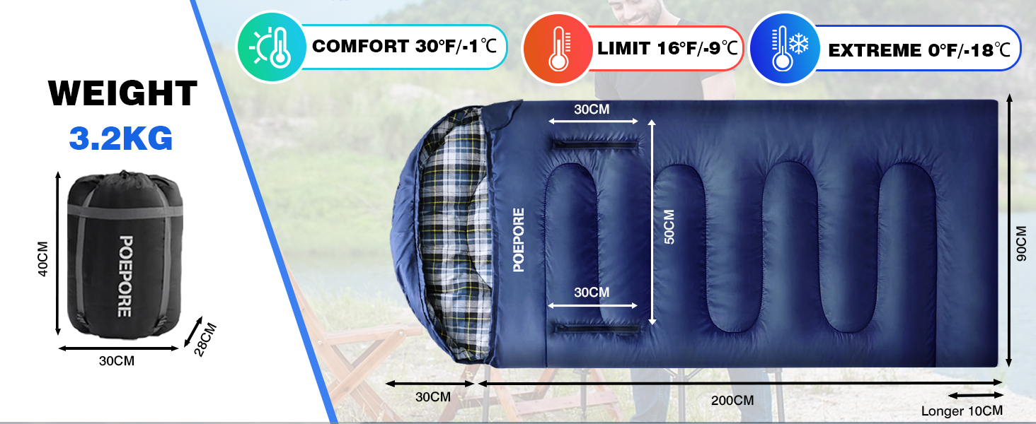 Спальний мішок POEPORE Outdoor 3-4 сезони, фланель, 230x90 см, для дорослих