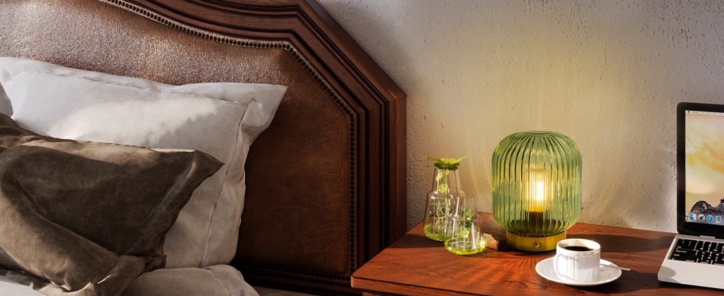 LED настільна лампа MJ PREMIER: акумуляторна, з сенсорним керуванням, регулювання яскравості, скло, USB зарядка, аварійна, зелена