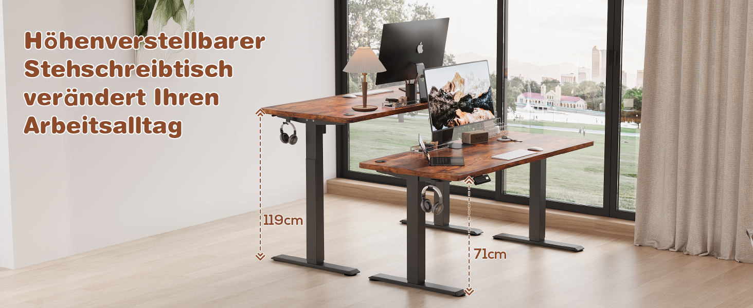 Devoko Adjustable Height Electric Desk - 120x60cm - Vintage Brown - Sit-Stand Desk with Memory Function & Collision Detection