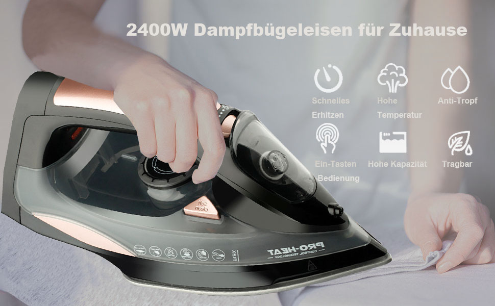 Праска 3000W з керамічною підошвою - праска з парою, самоочищення, резервуар 340мл, автоматичне вимкнення (чорна)