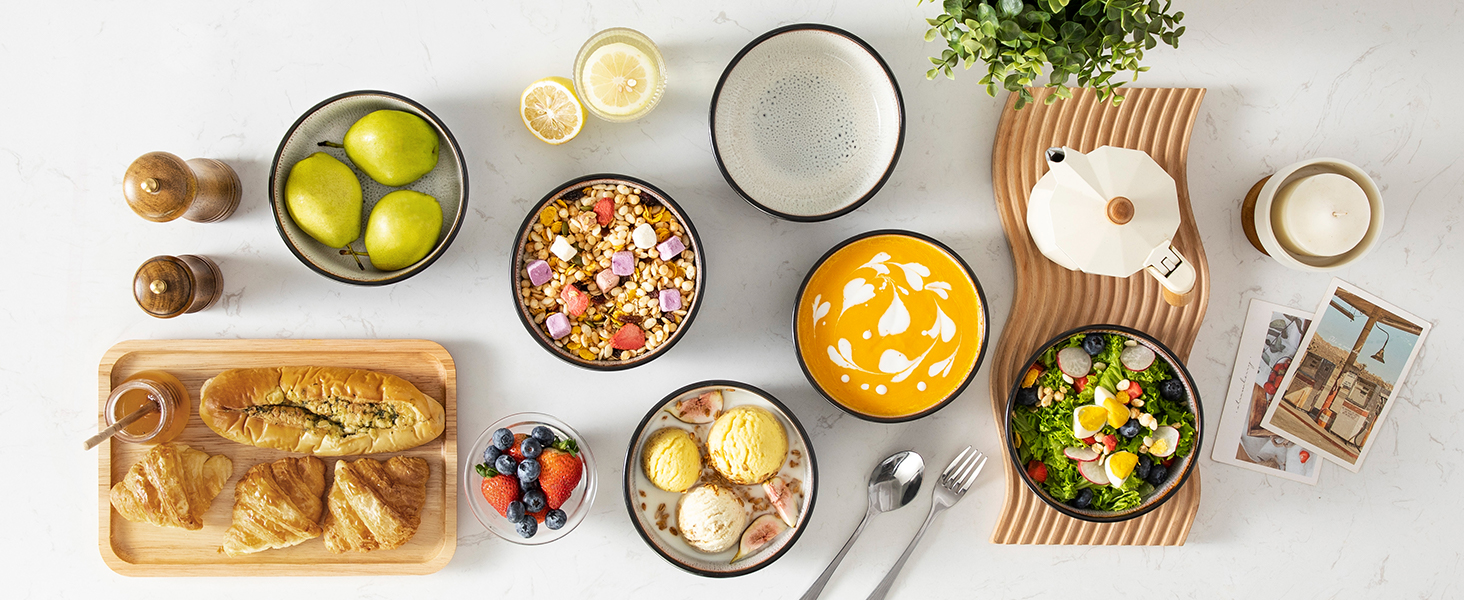 Набір посуду Steingut 24 шт. vancasso AMBER: 6 обеденних, десертних та супових тарілок, супові миски, реактивна глазур, безпечний для миття в посудомийній машині