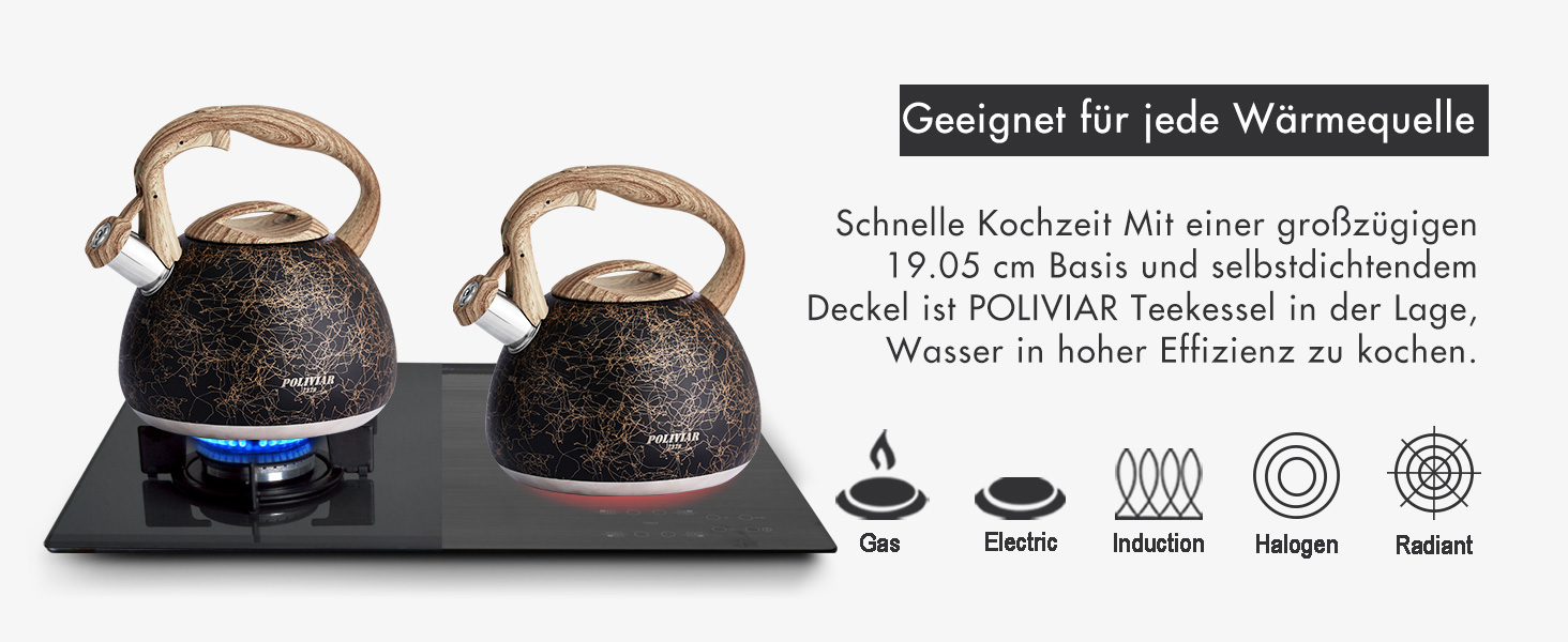 Електричний чайник Poliviar Moderne Induktion, 2.7L, нержавіюча сталь, чорне золото