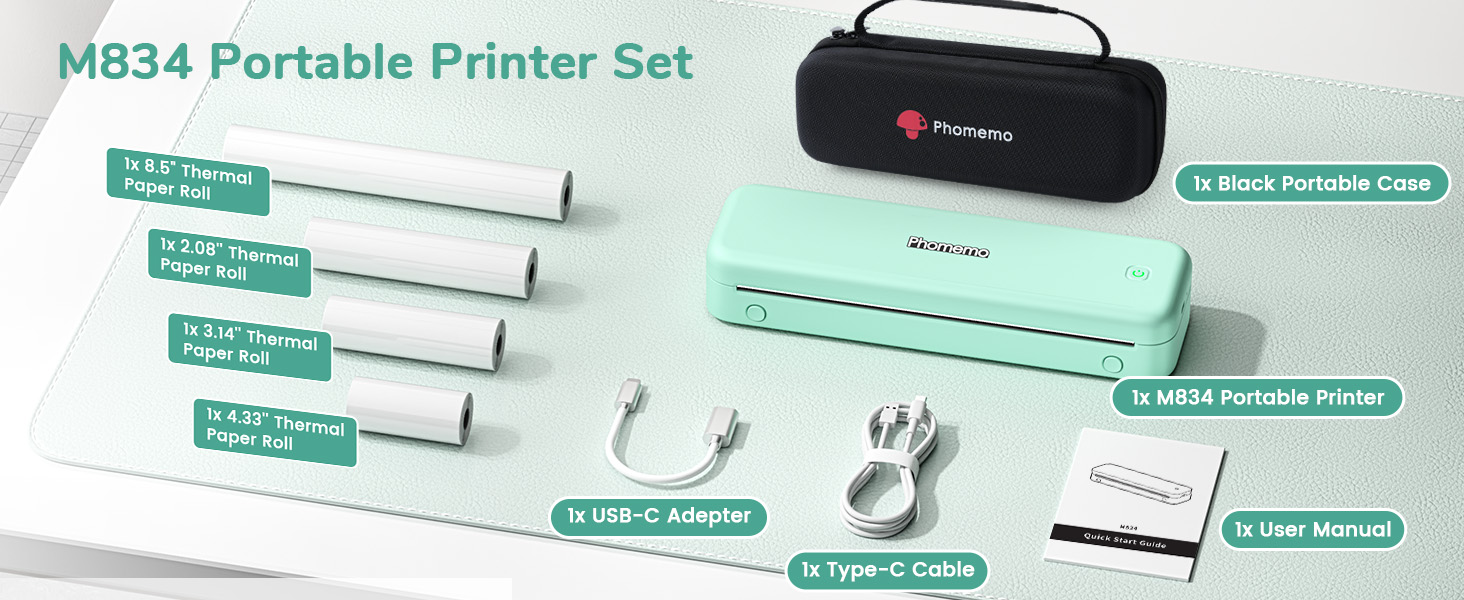 Термодрук Phomemo M834 A4: мобільний принтер для офісу, дому та школи, сумісний зі смартфонами та комп'ютерами
