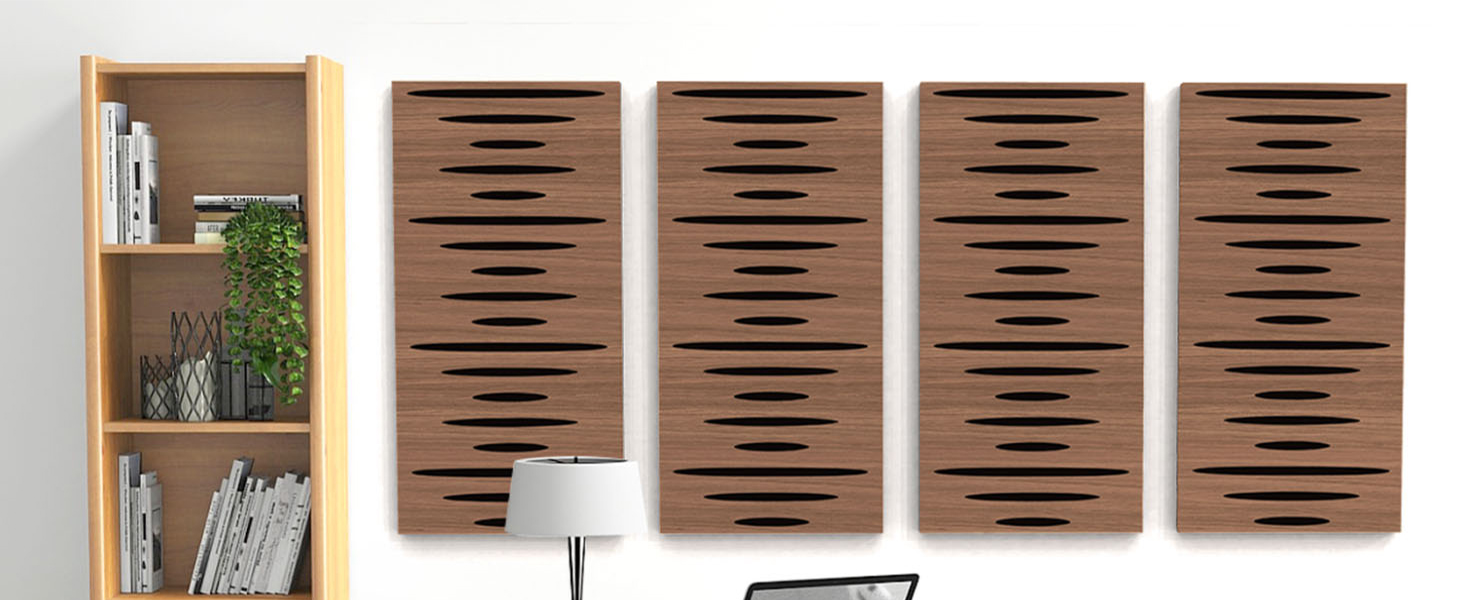 Акустичні панелі JBER для звукоізоляції стін, самоклеючі шумопоглинаючі плити з імітацією темного горіха (еліптичний візерунок), 60×30×4.5 см, 4 шт — для студії та дому