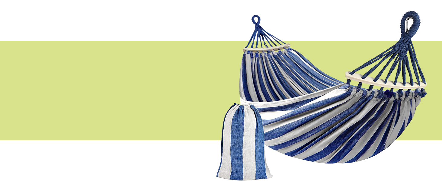 Гамак KRUMAD 260 см, до 250 кг, вологостійкий, бавовна-поліестер, для саду, балкону, кемпінгу, з дерев'яними розпірками та сумкою (блакитно-білий, без каркасу)