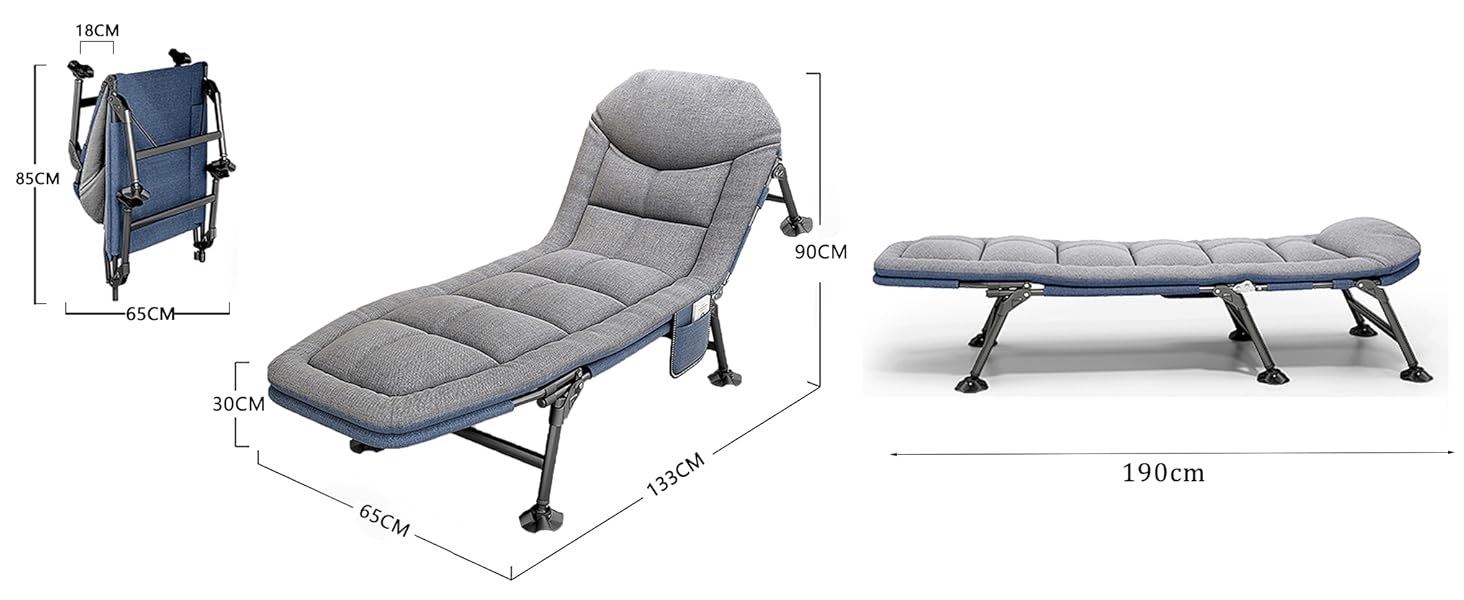 Розкладне ліжко-крісло для кемпінгу з матрацом, 6 положень спинки, ліжко для риболовлі, туристичне ліжко XXL, 65x190x30 см, односпальне, для гостей, сіре (2 шт.)
