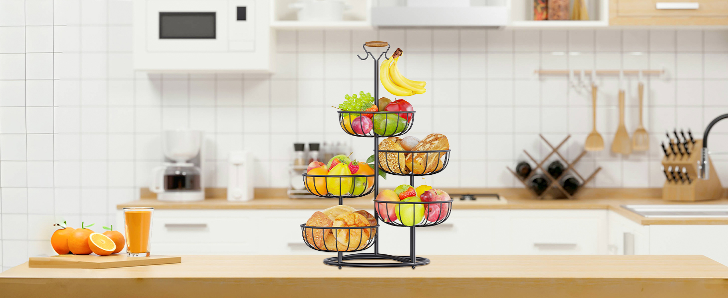 Багатоярусна підставка для фруктів PouHenier.jh – 5 ярусів, чорний колір, з тримачем для бананів. Металева підставка для фруктів та овочів, органайзер для кухні