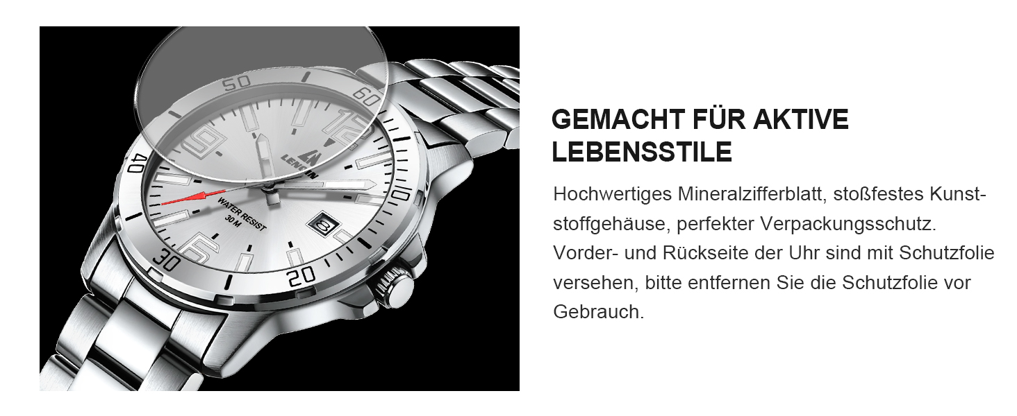 Годинник чоловічий LN LENQIN з нержавіючої сталі, водонепроникний, з датою, кварцовий, аналоговий, білий (сріблястий)