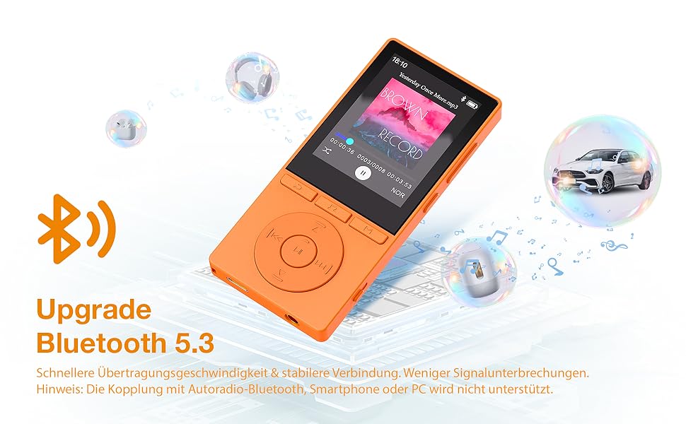 MP3 плеєр 64GB Bluetooth 5.3 з динаміком, HiFi звук, диктофон, E-book, підтримка TF карти 128GB (Помаранчевий)