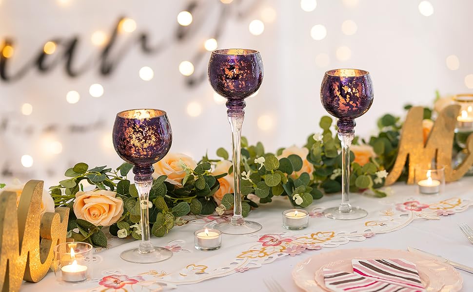 Glass Tealight Holder Set - 3 Pieces Mercury Glass Candle Holders for Table Decoration. Tealight Glasses for Pillar and Floating Candles, Christmas, Living Room Decor (Purple)