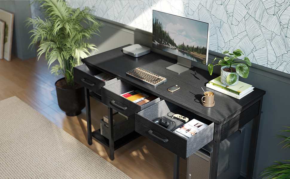 CubiCubi 120x50cm Desk with 3 Drawers & 4 Shelves - Home Office, Computer & Gaming Desk - Black