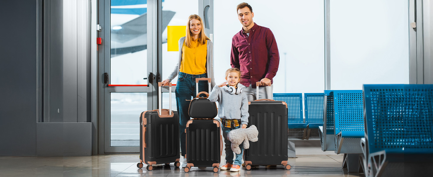 Набір валіз LALAHO 4 шт. з косметичками, ABS, рожеве золото (темно-синій, смугастий)