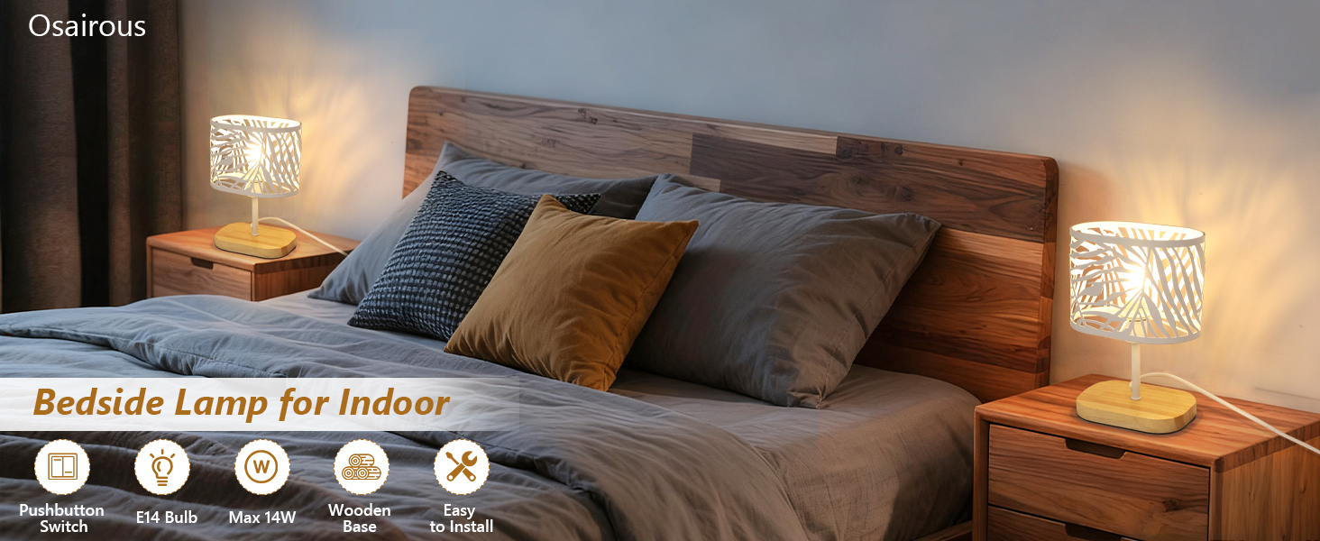 Настільна лампа з дерева, вінтажна модель E14, настільна лампа з дерев'яним цоколем та металевим абажуром, для дитячої кімнати, вітальні, спальні, бару (біла)