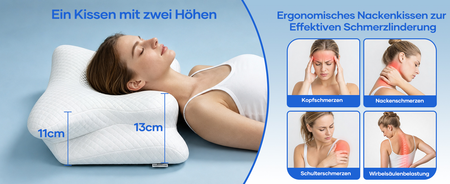 Ергономічна ортопедична подушка для шиї та голови з ефектом пам'яті (Memory Foam) 2-в-1, для сну на боці, спині та животі, зі знімним чохлом, 62 x 39 x 11/13 см, біла