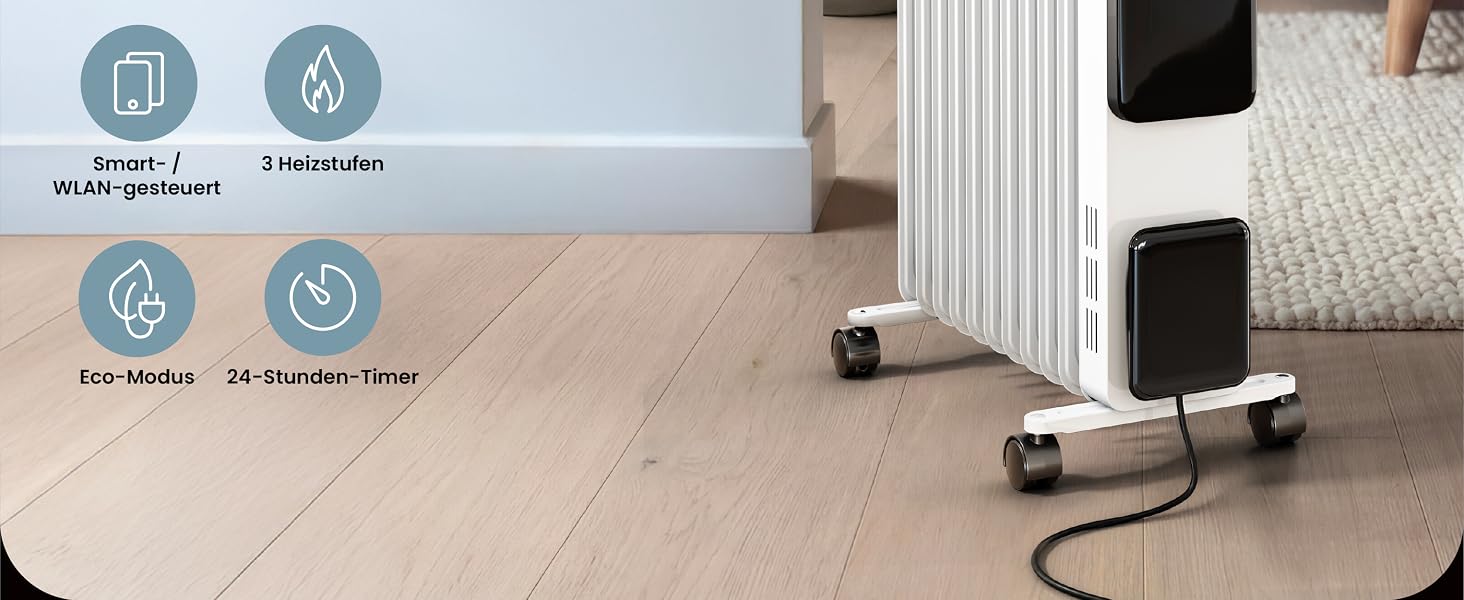 Розумний електричний масляний радіатор Pro Breeze 2500W, 11 секцій, з керуванням через Wi-Fi/App, термостатом, таймером на 24г та сенсорним дисплеєм, білий