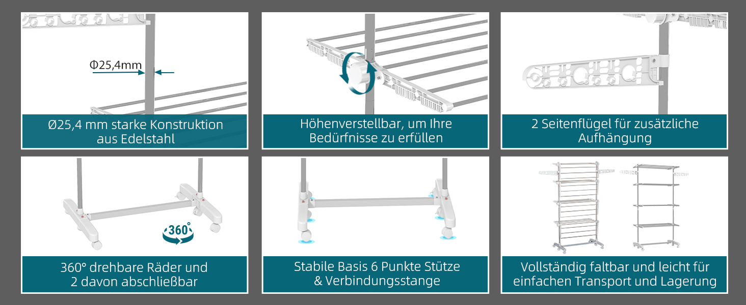 Сушарка для білизни HOMCOM Tower, 4 рівні, з колесами, біла - 142x55x172 см