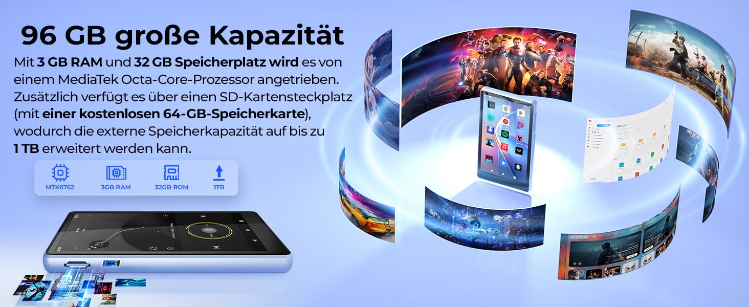 MP3 плеєр з Bluetooth та WiFi на 160 ГБ, 4.5-дюймовий сенсорний екран, підтримка Spotify (синій, 96ГБ)