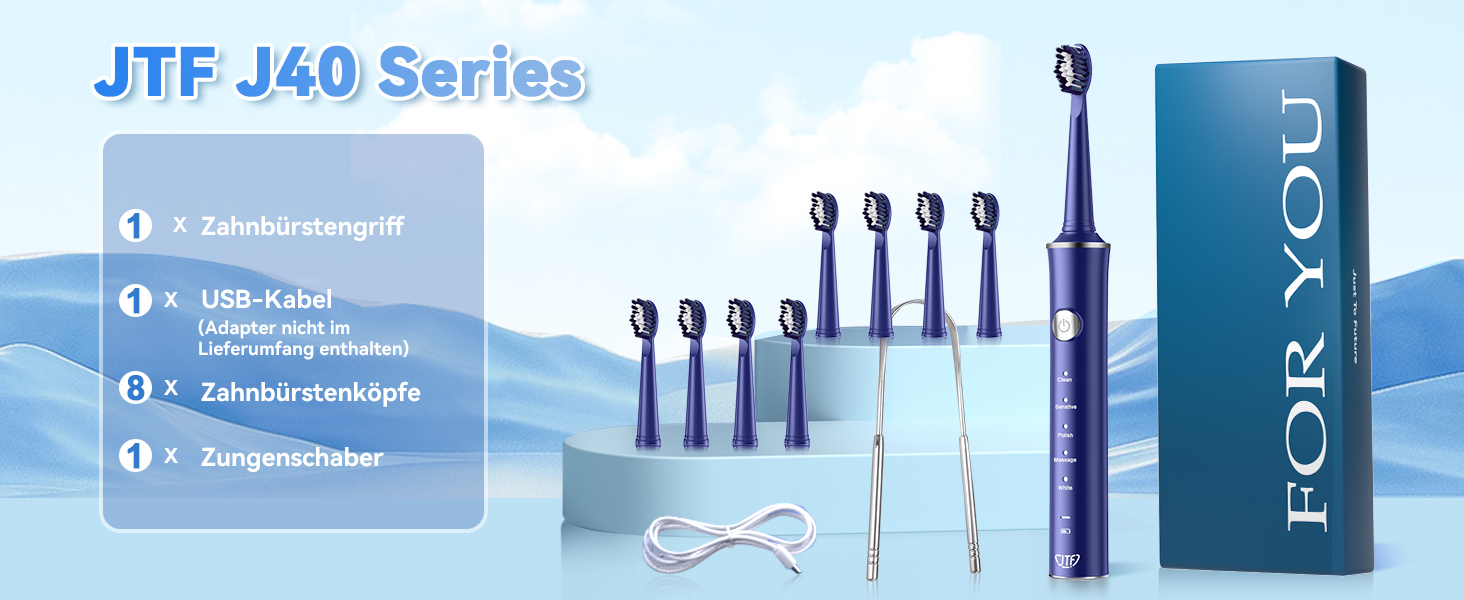 Електрична звукова зубна щітка JTF з очищувачем язика, 8 насадок, 5 режимів, Smart Memory, таймер 2 хв, IPX7, бездротова зарядка, для дорослих (блакитна) + очищувач язика