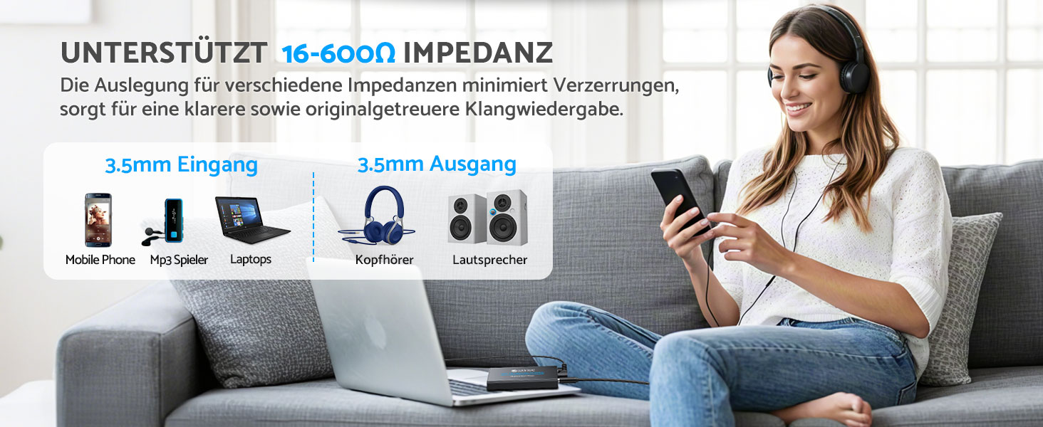 eSynic Підсилювач для навушників HiFi – портативний, 3.5mm AUX, 1000mAh, для MP3/MP4/Smartphone/PC, підходить для навушників 16-600 Ом, алюмінієвий корпус