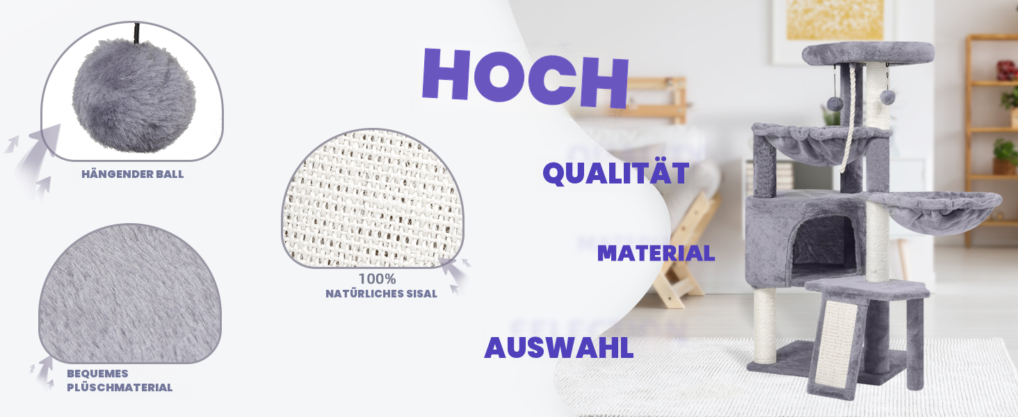 Кігтеточка для котів TWDEPART з ігровим центром, 95 см, сіра