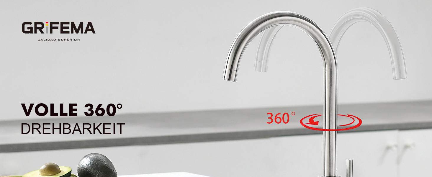 Змішувач кухонний GRIFEMA з високим вигином, поворотний 360°, з двома струменями, з нержавіючої сталі, сірий, енергоклас A+ (без душа)