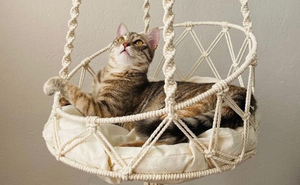 Крісло-гойдалка для кота, гамак-гойдалка Boho з макраме, ліжко для кота з гачком та знімним подушкою для саду, тераси, балкону, вітальні