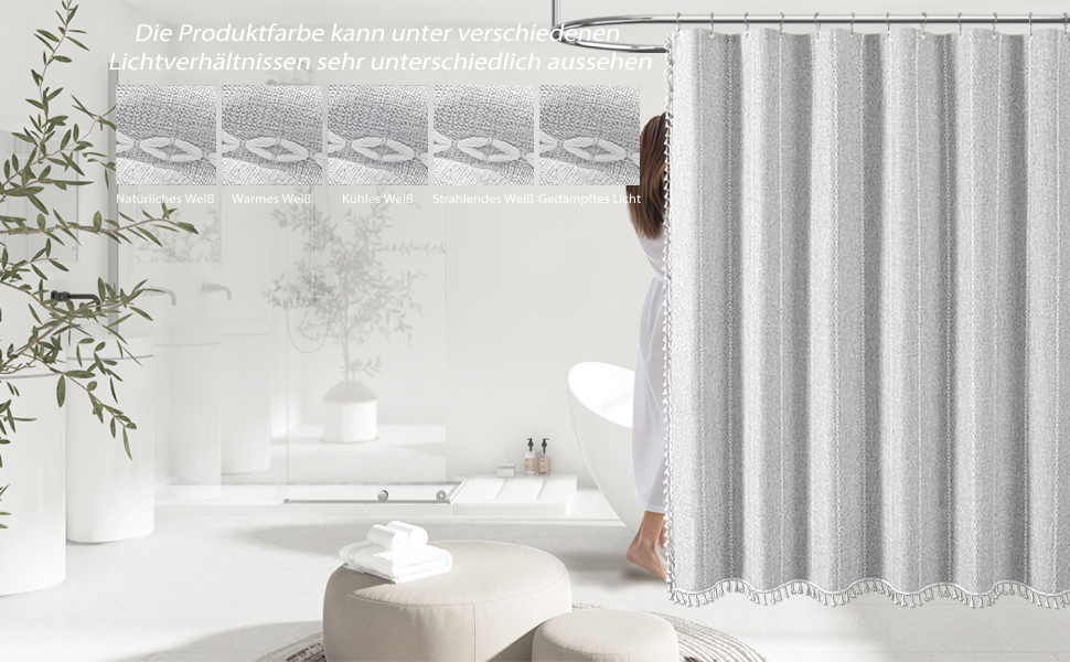 Шторка для душу BTTN 182 x 200 см, Бохо-фермерський стиль, важка тканина, з бахромою, водонепроникна, з вантажами, 12 гачків (сіра, смугаста)