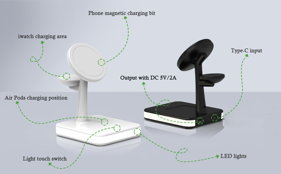 Бездротовий зарядний пристрій 4-в-1 з підсвічуванням та USB-портом для Apple iPhone, iWatch, AirPods (Чорний)