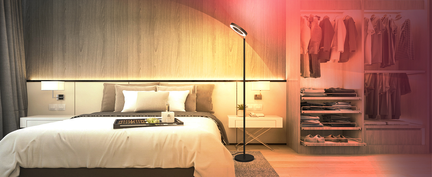 LED торшер, 42W, 16 мільйонів кольорів RGBCW, WiFi, Smart, двосторонній, для вітальні, сумісний з Alexa/Google Home, синхронізація з музикою, регульована яскравість, торшер для читання в спальню, RGB-42W