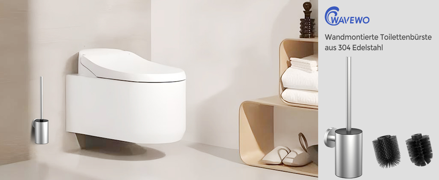 Набір для чищення унітазу WAVEWO з кріпленням на стіну, силіконова щітка та тримач, квадратна щітка з нержавіючої сталі 304, 2 насадки (кругла срібляста)