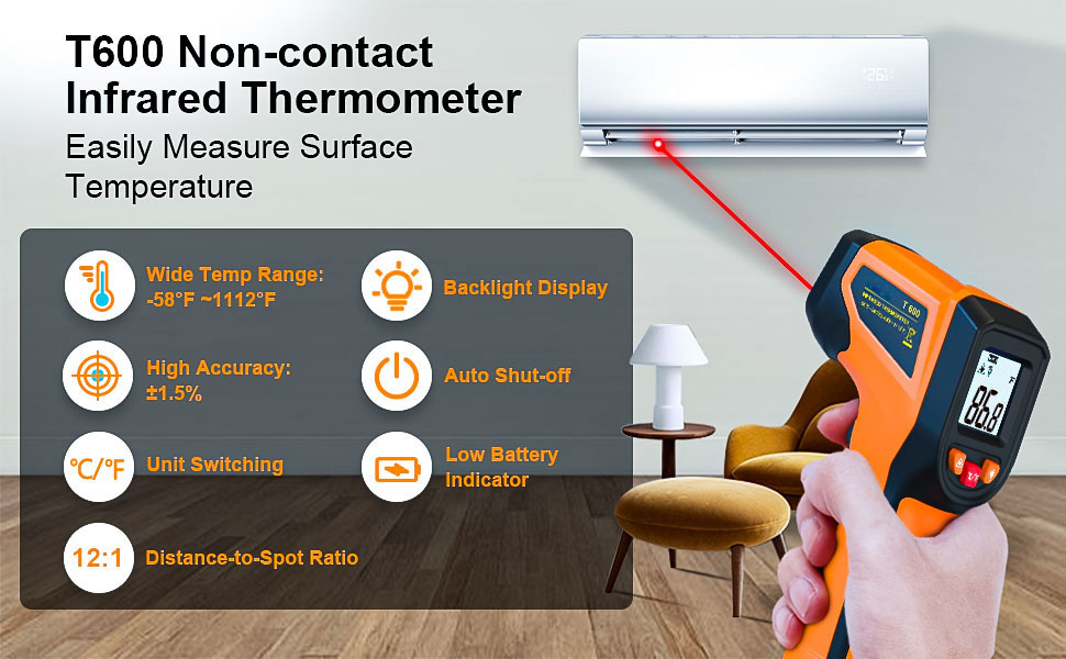 Інфрачервоний термометр, цифровий лазерний вимірювач температури -58°F~1112°F (-50°C～600°C) IR термопістолет (Не для людей). Ідеально підходить для приготування їжі, смаження, кухні, барбекю, м'яса, цукру, морозильної камери