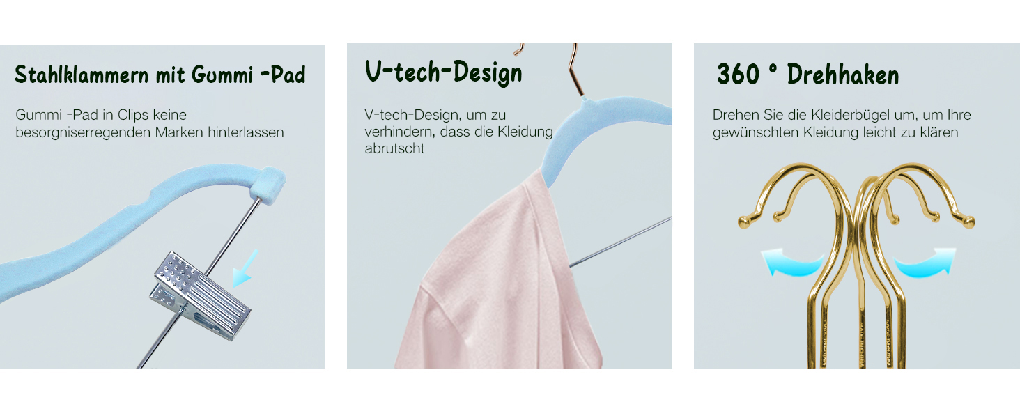 Набір вішалок для одягу Stormix 24 шт. з кліпсами, 42 см, для штанів, спідниць, суконь, курток, пальто (рожево-золоті гачки)