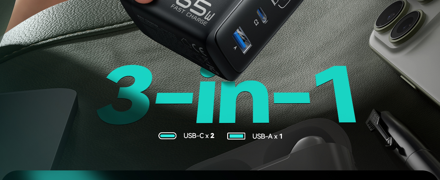 Зарядний пристрій INIU 65W USB-C/USB-A GaN, швидка зарядка для MacBook, iPad, iPhone, Samsung Galaxy, Pixel - Чорний