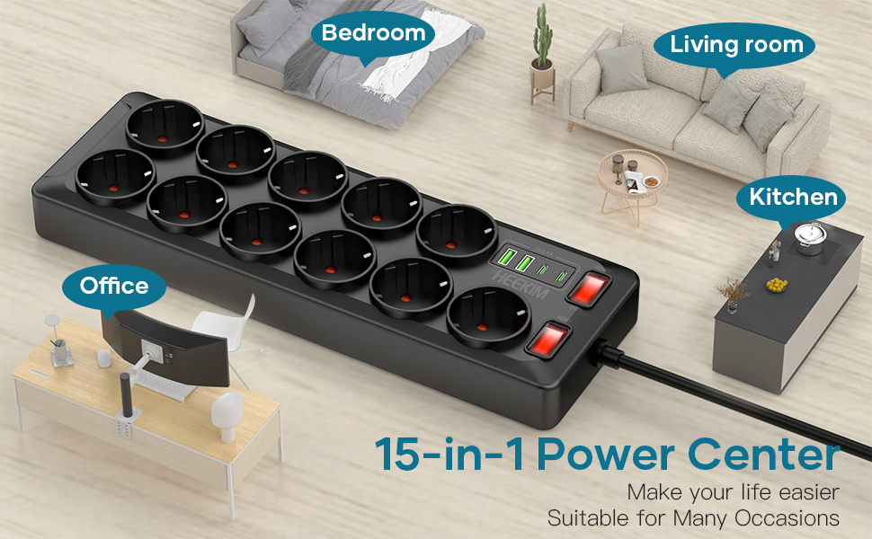 Многорозетка з USB, 11 розеток, з вимикачем, 2 USB-A та 2 USB-C порти, 4000W, 16A, 2M кабель, для дому, школи, офісу - Чорний