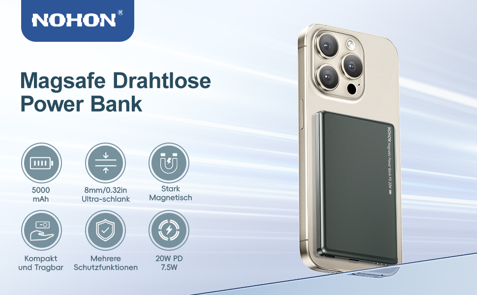 Power Bank NOHON Mag-Safe 5000mAh: Бездротовий акумулятор з магнітним кріпленням, 20W, USB-C, для iPhone 17/16/15/14/13/12 Pro/Pro Max (Грашко-чорний)