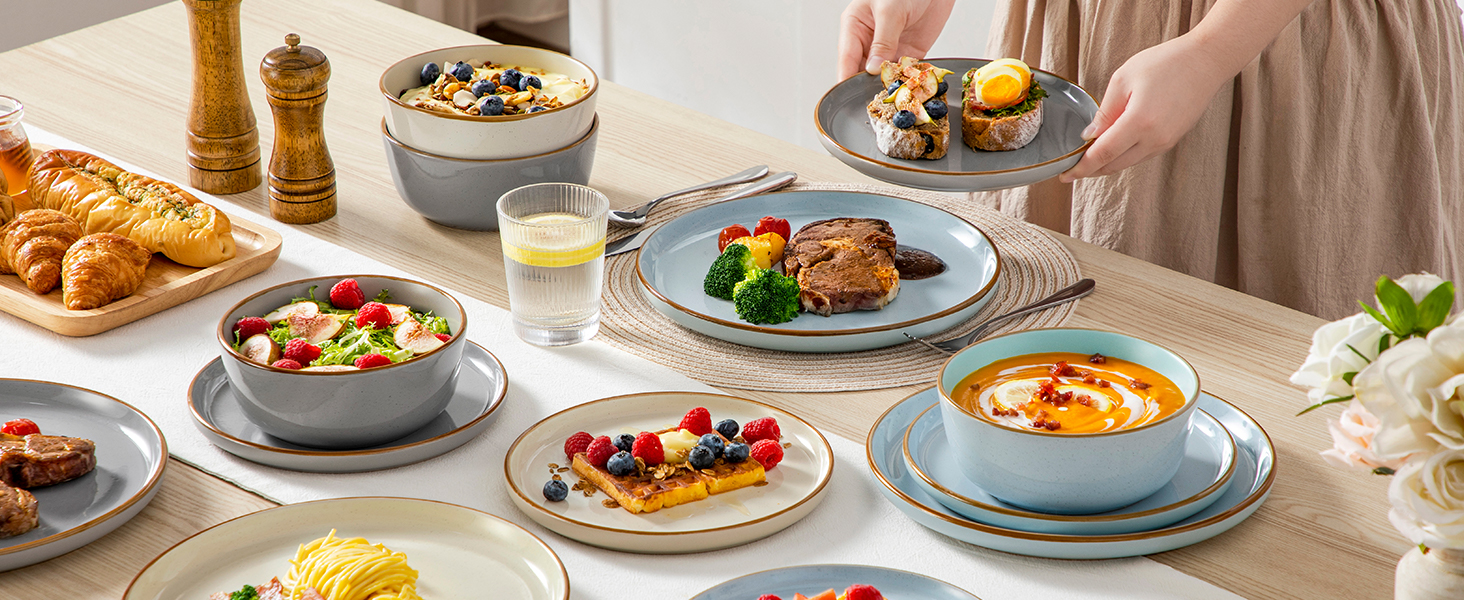 Набір посуду vancasso RENO 36 предметів: тарілки, супові тарілки, десертні тарілки, миски. Набір посуду з кераміки для 6 осіб, сучасний дизайн, безпечний для миття в посудомийній машині та розігріву в мікрохвильовій печі.