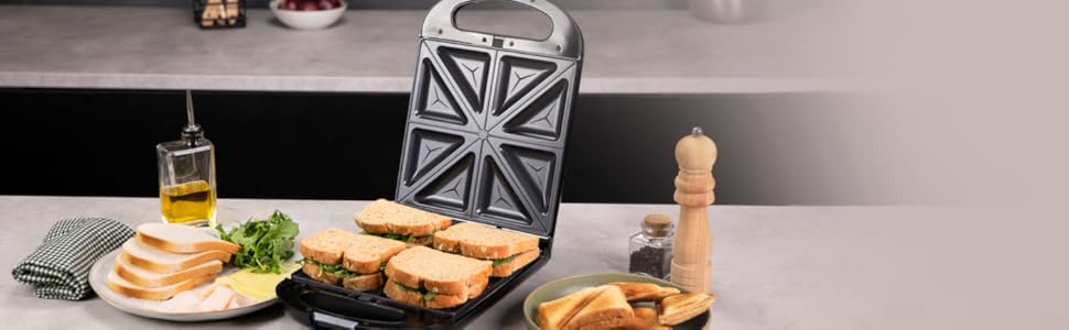 Сендвічниця Cecotec Rock'nToast Family Waffle: 1500W, 4 вафлі, антипригарне покриття, 180° поворот, швидкий нагрів, нержавіюча сталь, індикатор температури, рівномірне підсмажування, 3 змінні пластини