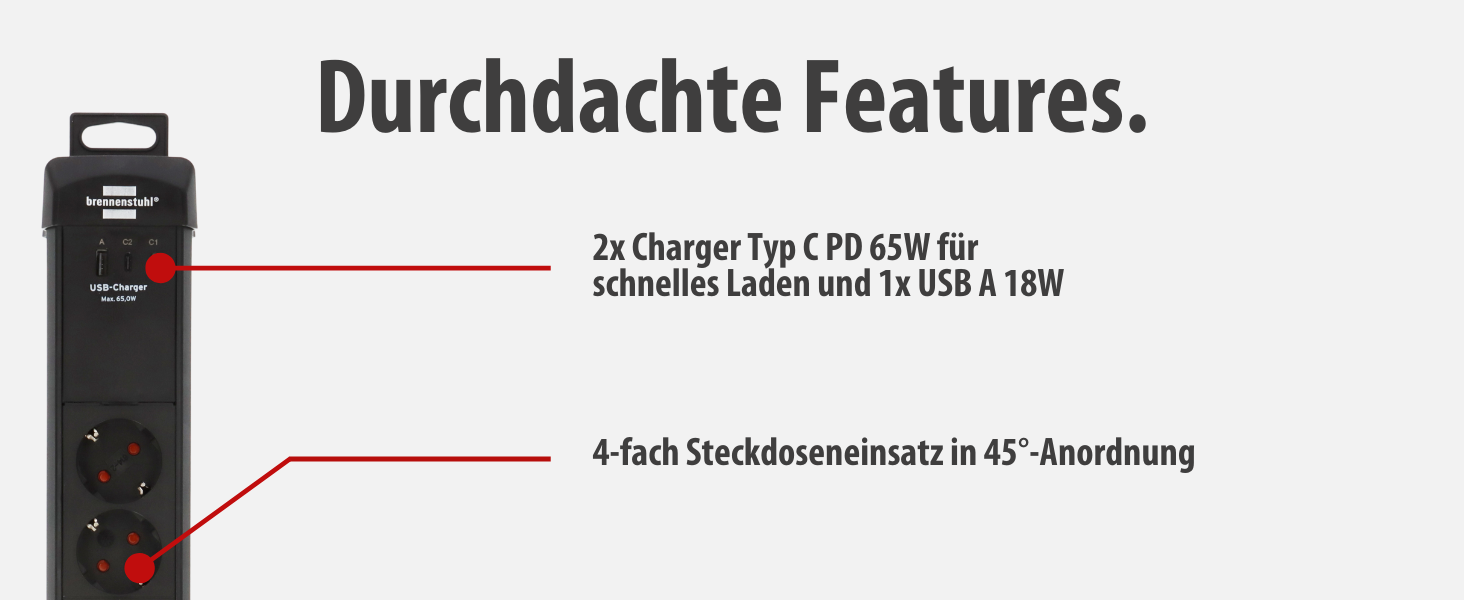 Бренненштуль Premium-Line Розподільник розеток 4-портовий з 2x USB-C PD 65W та USB-A 18W (Made in Germany), з вимикачем та кабелем 3м, для настінного монтажу, чорний