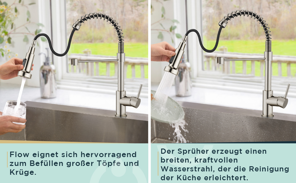 Змішувач кухонний FORIOUS висувний з душем, однорегуляторний, 360° обертання, нержавіюча сталь