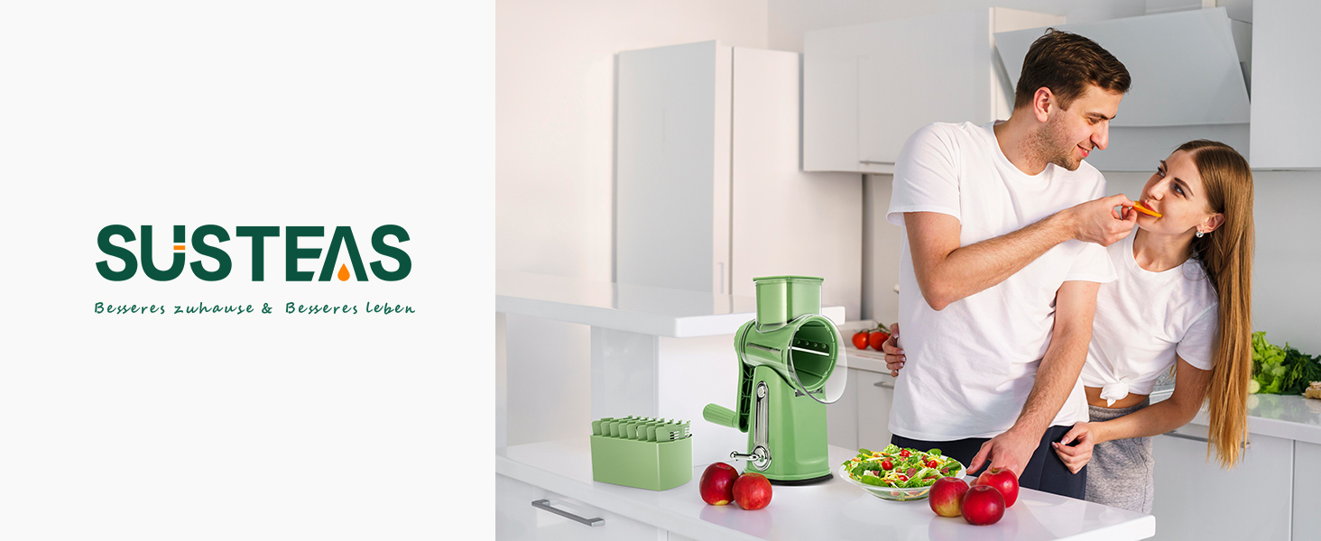 Тертка для сиру та овочів SUTEAS з ручкою - 5 насадок, потужний присосок, набір для нарізання овочів, ідеально підходить для сиру, огірків, моркви, горіхів, овочів, з коробкою для зберігання лез (Ретро-зелений)