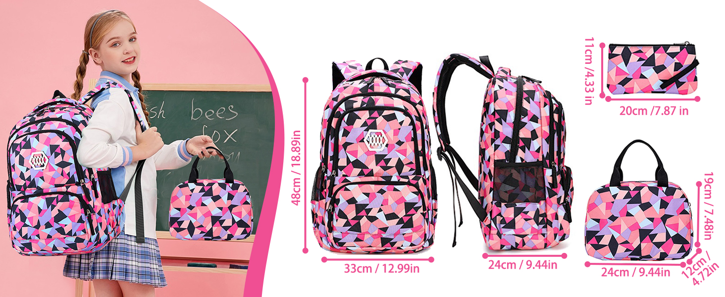 Шкільний рюкзак IvyH для дівчаток-підлітків, 3-в-1 з ланч-боксами та пеналом, чорний