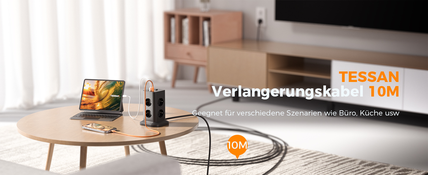 Багаторозетка TESSAN з захистом від перенапруги 3600W 16A, 8 розеток, USB-C, подовжувач 2м, сіра. Розподільник розеток для дому