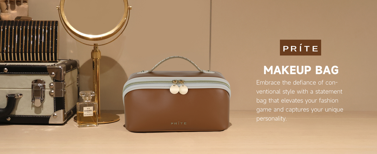 Косметичка велика містка для подорожей, водонепроникна з PU-шкіри, з прозорими роздільниками та ручкою (M, темно-коричнева)