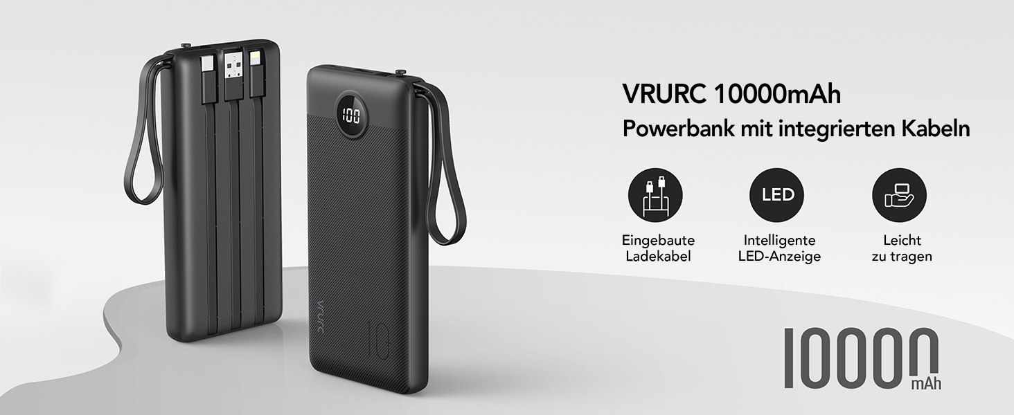 Power Bank VRURC 10000mAh з 4 кабелями, портативний акумулятор USB-C для iPhone/Huawei/Samsung, LED-дисплей, 5 виходів, чорний
