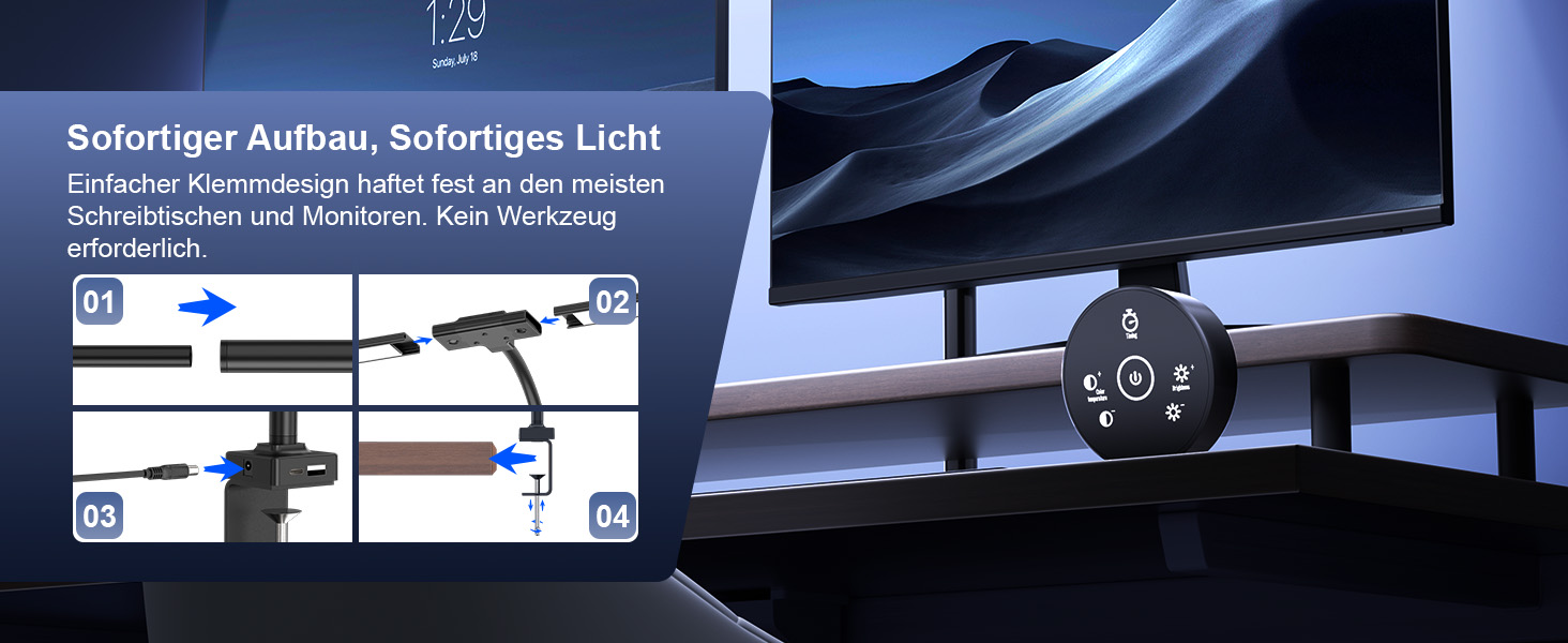 LED лампа настільна з регулюванням яскравості - 1500LM 24W, кріплення-прищіпка, з пультом, гнушкий 80см шнур, USB-порт, для офісу та дому (Чорний)