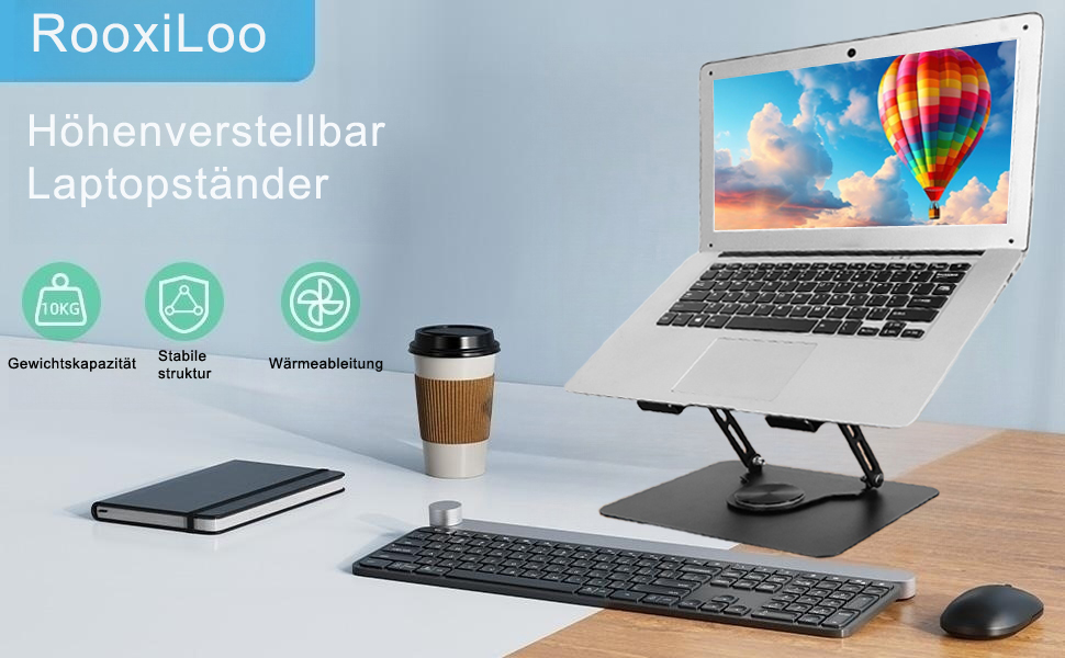 Підставка для ноутбука з регулюванням висоти та поворотним підставою 360°, ергономічна, вентильована, чорна, 10-17 дюймів