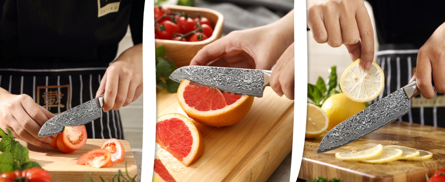 Ніж кухонний Zayiko Black Edition Santoku, сталь VG10 дамаск, 13 см, рукоять Pakkaholz, преміум