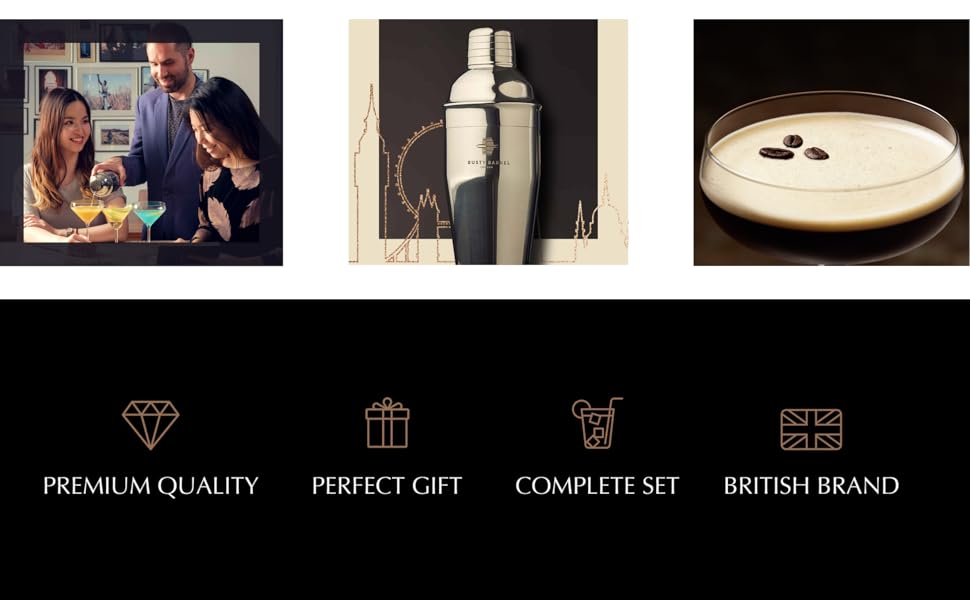 Набір для приготування коктейлів Chelsea – Рожеве золото. Повний набір: шейкер, прес, сито, мірний стакан, виливач, ложка, сумка та рецепти. У подарунковій коробці (Чорний)