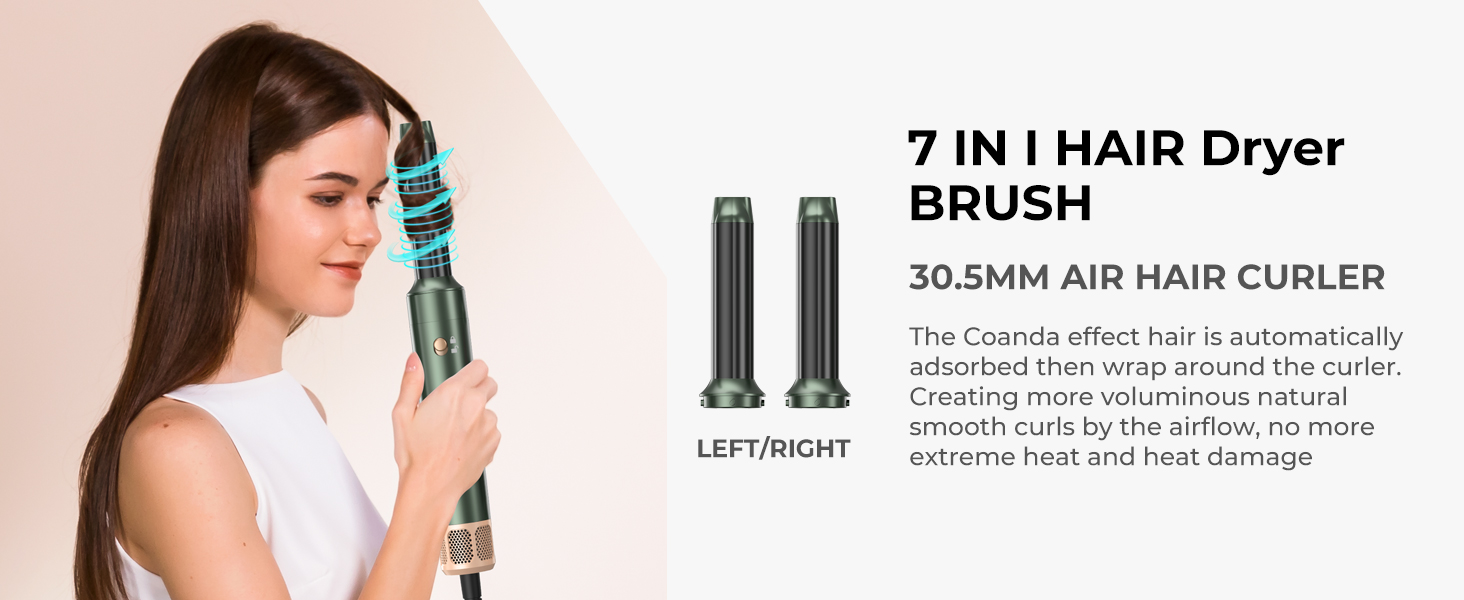 Atopskins Hairstyler: Фен-щітка 7-в-1 для створення зачісок, 110000 RPM, з іонізацією, дифузором, локонами, об'ємом, випрямленням, для волосся, зелений