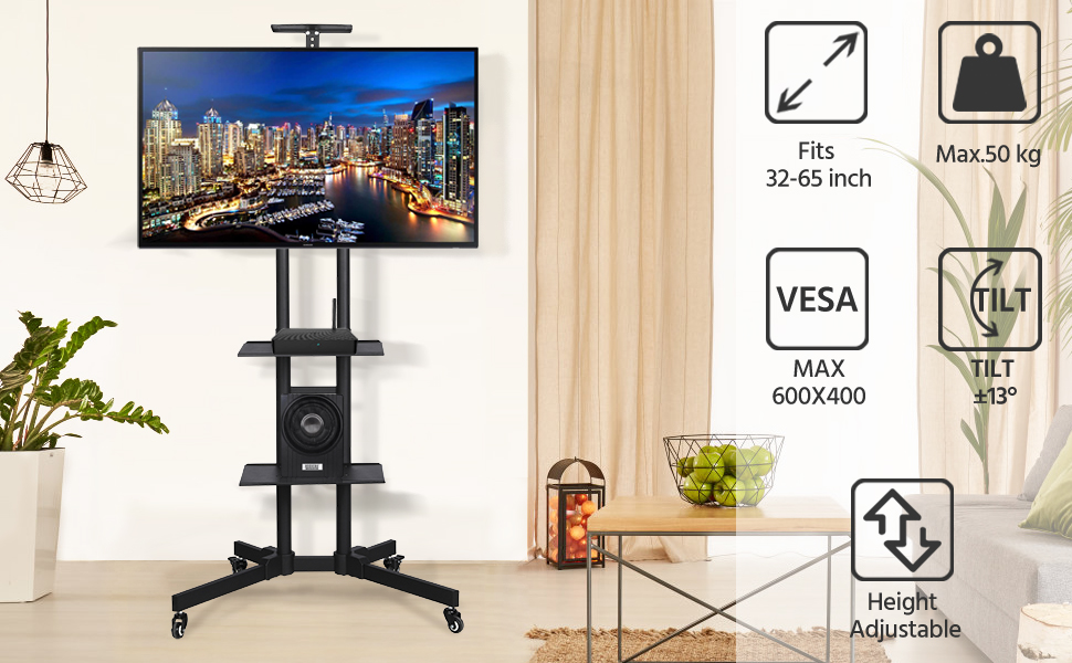 Yaheetech Rolling TV Stand with Brakes - Adjustable Height, 3 Shelves, VESA 100x100 to 600x400 - Fits 32-75 inch TVs